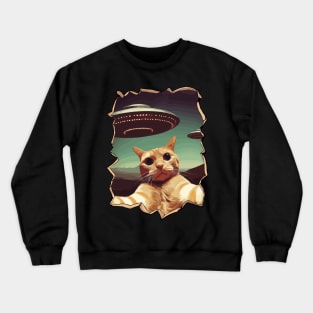 Cut Out Cat In Space Funny Cat Selfie With UFOs Behind Crewneck Sweatshirt